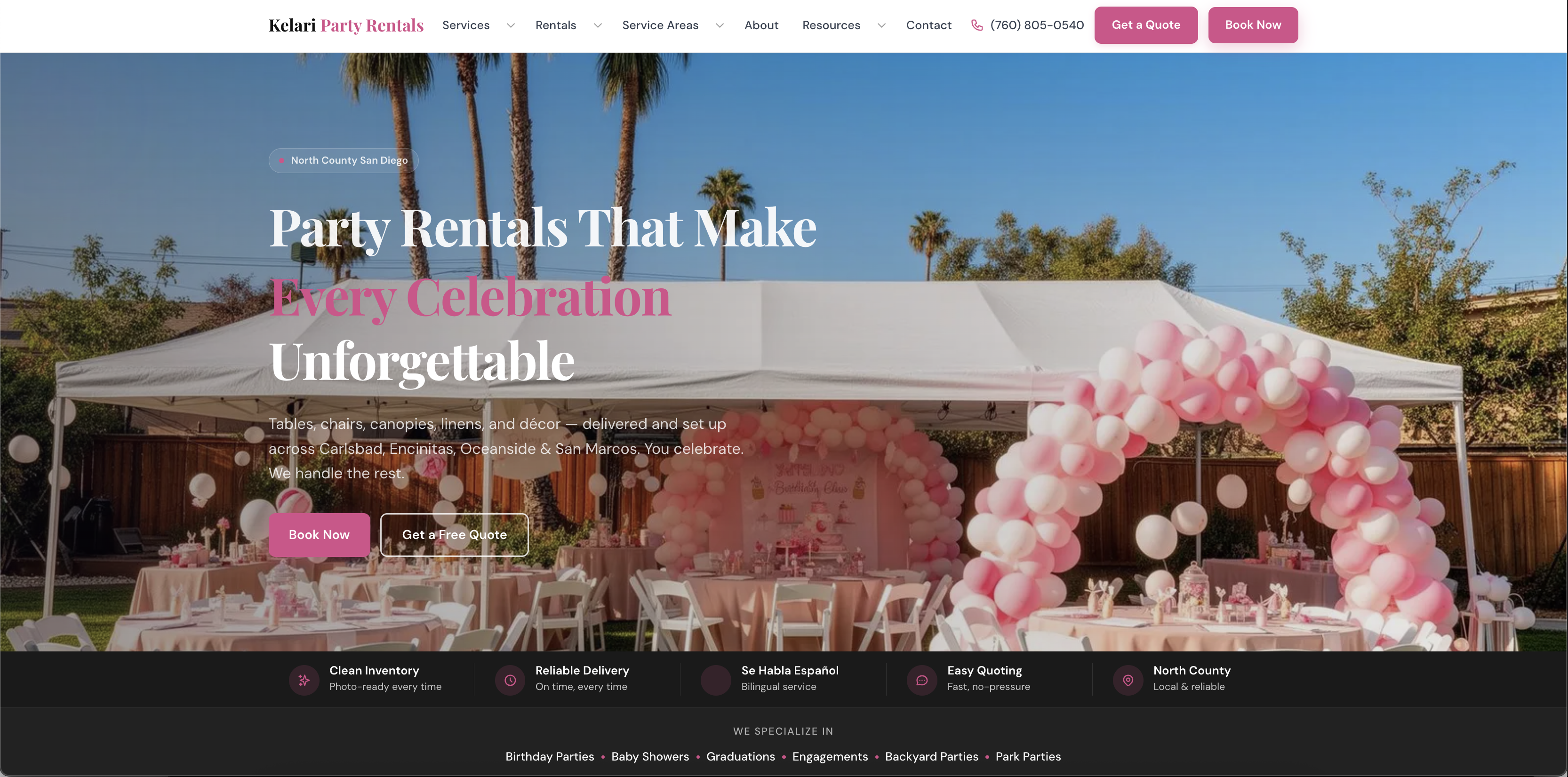 Kelari Party Rentals website screenshot